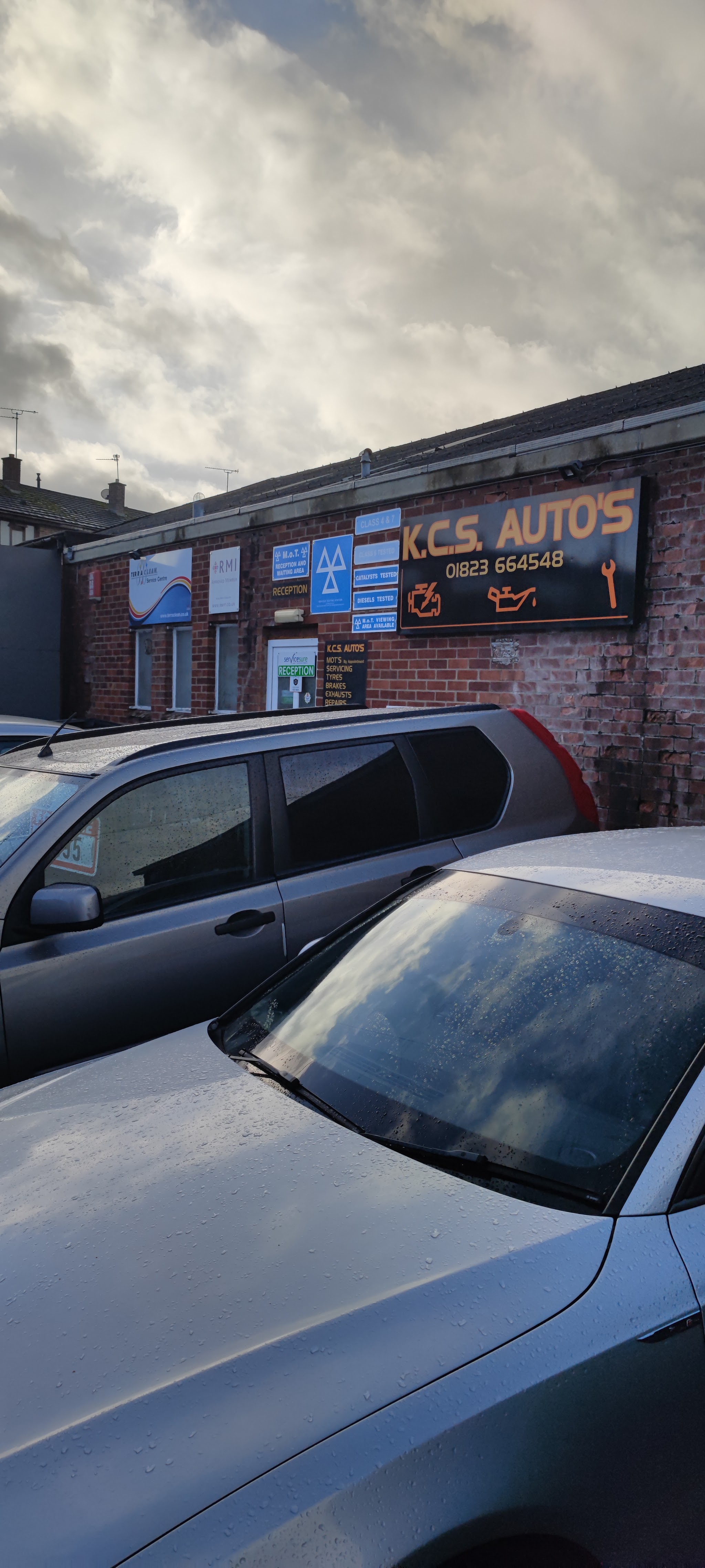 The K.C.S. Auto's sign above the workshop on Blackdown Business Park