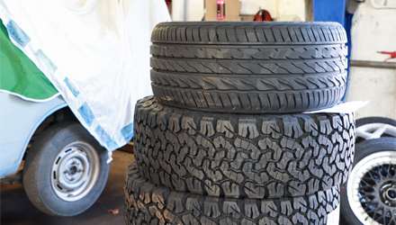 A stack of tyres in the workshop